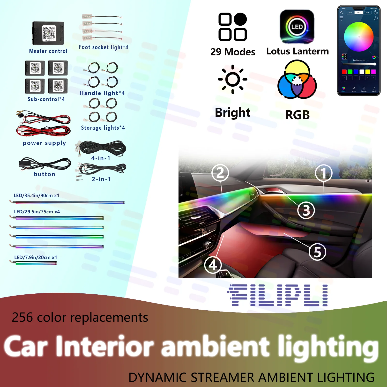 

FILIPLI Smart 64 RGB цветные автомобильные самоклеящиеся полоски, простая установка, атмосферные световые полосы