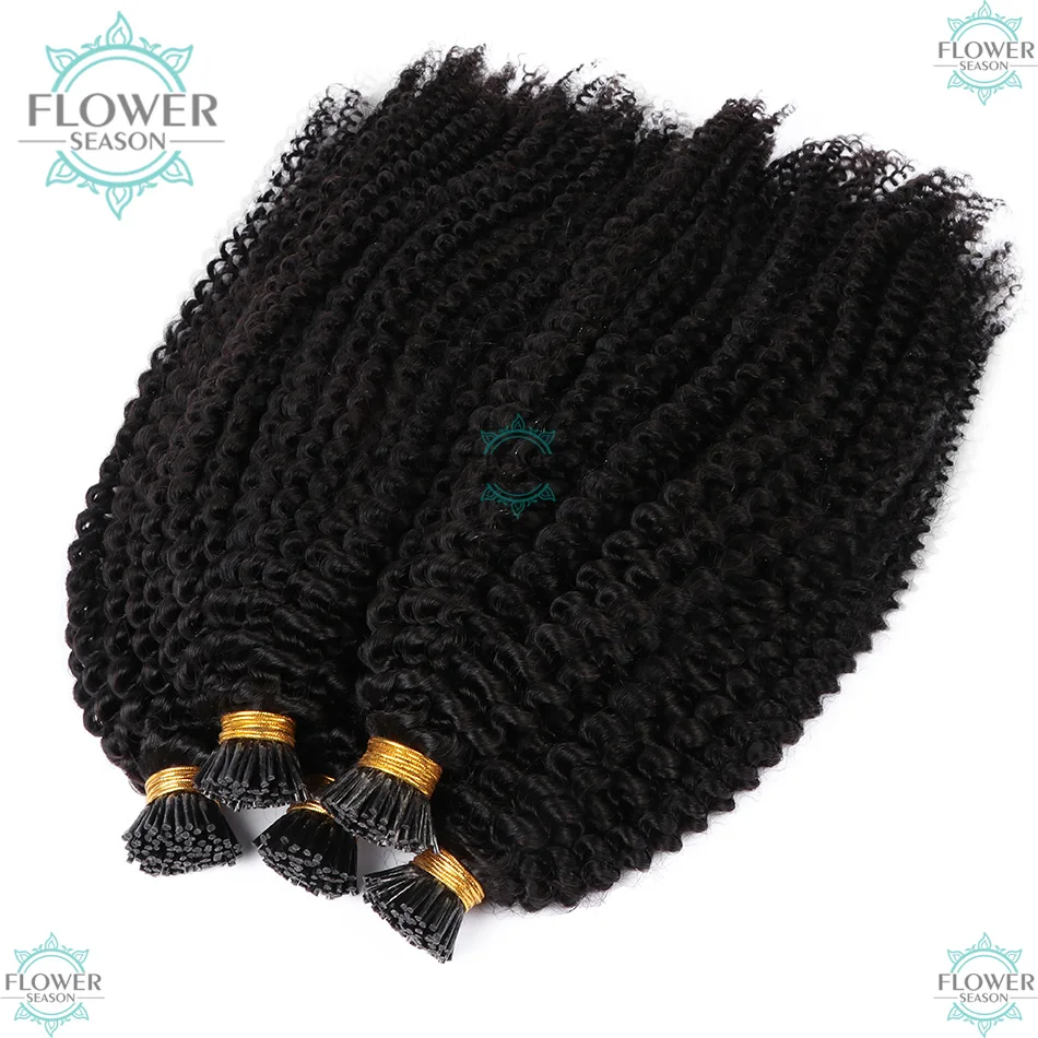 Flowerseason Curly I Tip Hair Extensions Human Hair Microlink Hair Extensions For Black Women 100 Strands/Pack Natural Black