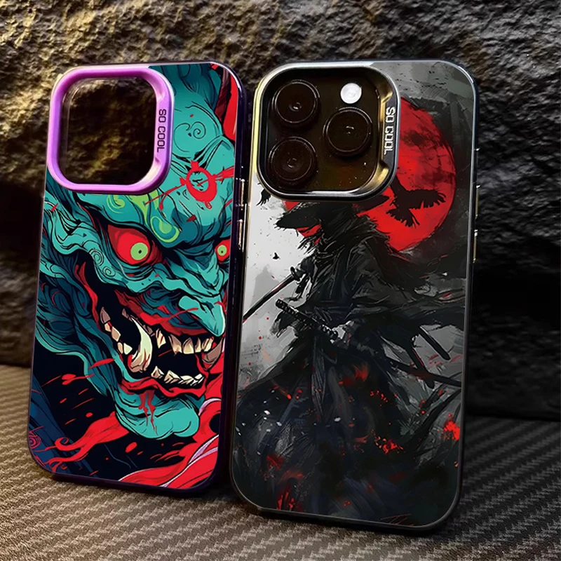 Japan Ghost Face Samurai Plating Matte Shockproof Phone Case for iPhone 16 15 14 13 12 11 Pro Max XS X XR 8 7 Plus SE 2020 Cover