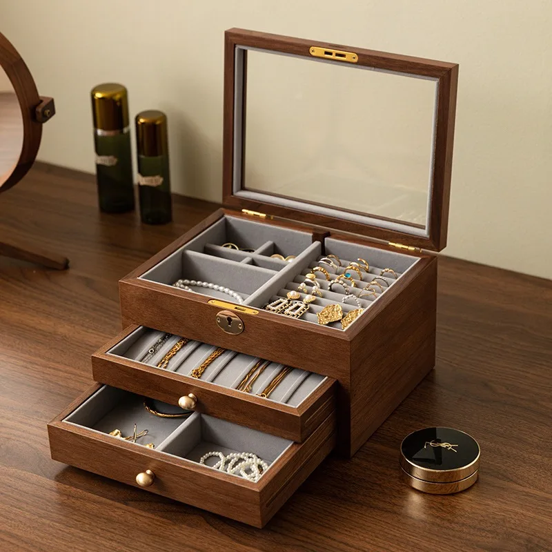 Wooden Jewelry Storage Box Safe Lockable Ring Earrings Display Case 3 Layer Jewelry Storage Cases Household Bracelet Boxes