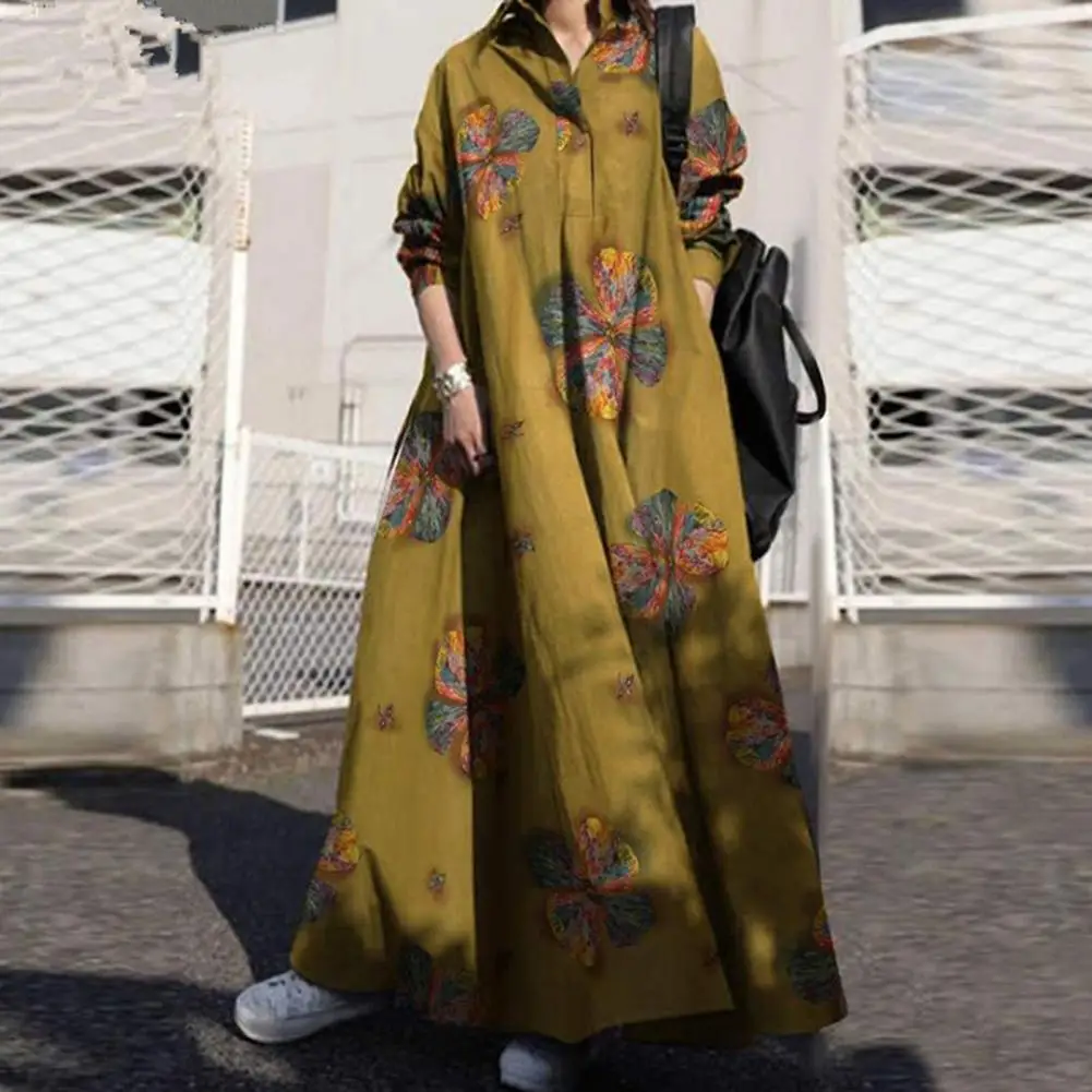 

Ethnic Fashion Ethnic Style Dress Floral Print Ethnic Style Maxi Dress for Women with Turn-down Collar Long Sleeves Plus Size