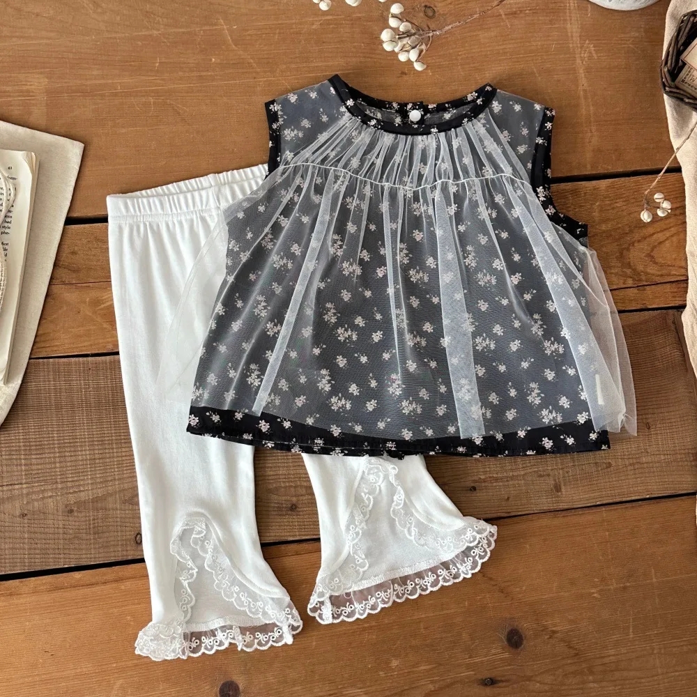 2026 Summer New Baby Girl Sleeveless Floral Shirts Cotton Toddler Mesh Splicing Tops Cute Sweet Princess Vest Infant Clothes