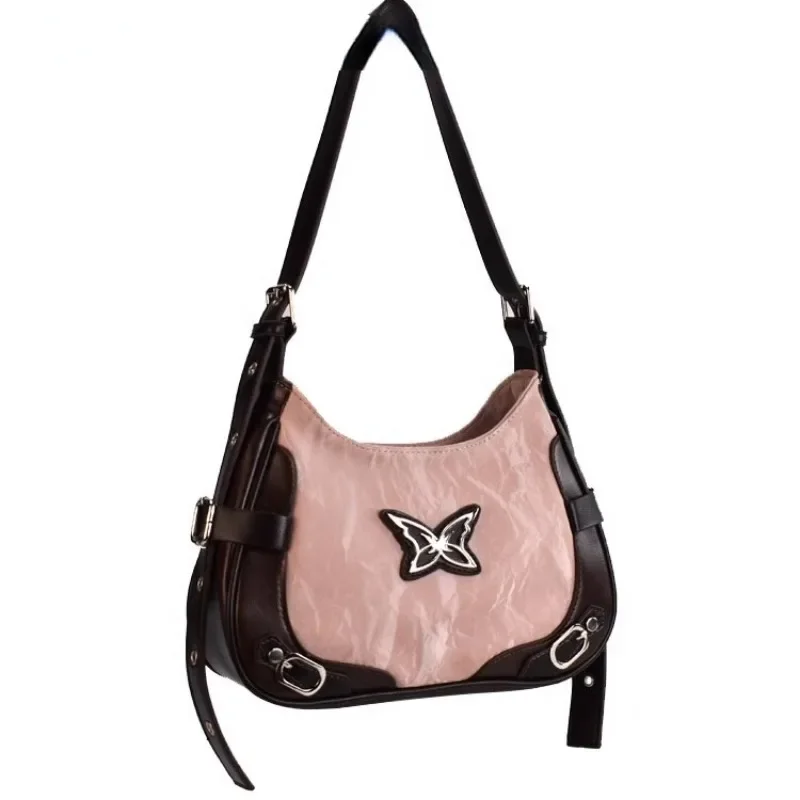 Xiuya Y2k Damen Umhängetasche American Vintage Stil Kontrastfarbe Mode Handtasche Schmetterling Harajuku Rosa Damen Achseltasche