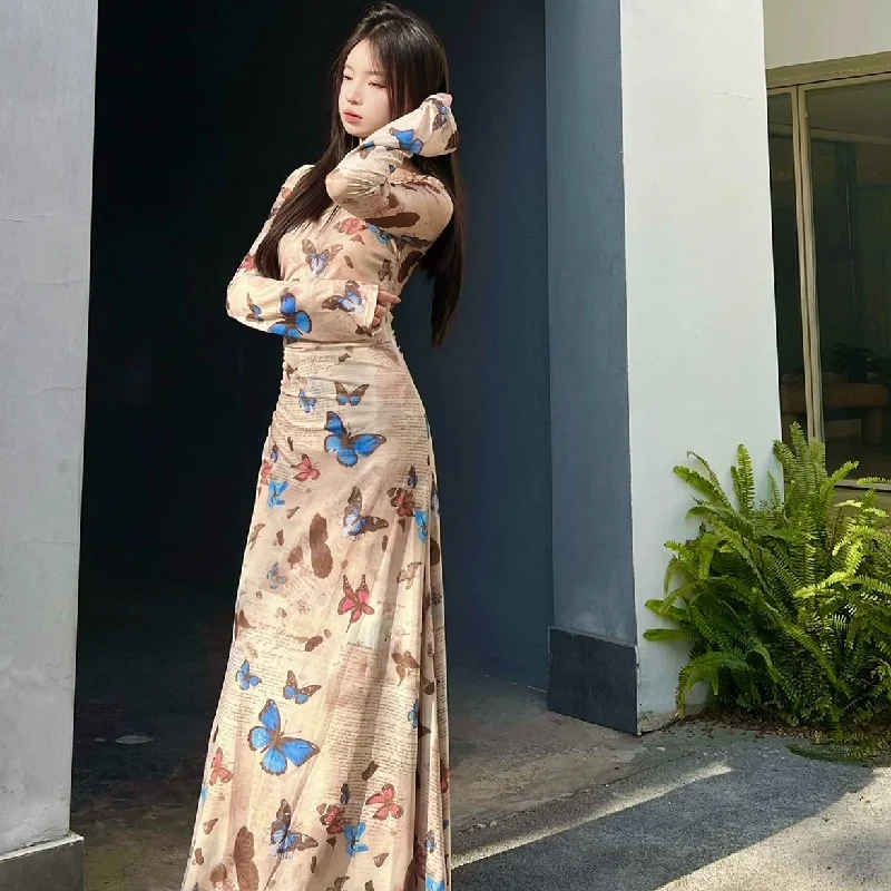 Retro  Print Long Sleeve Mesh Dress Women's Slimming Bodycon Skirt Autumn New Style A-Line Midi Dress Poem Memory Lady