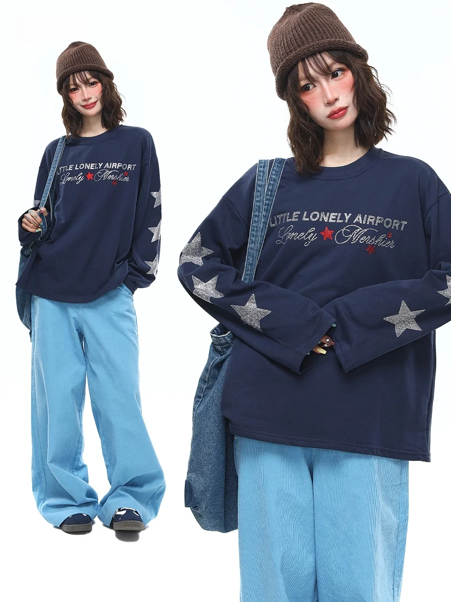 

Sanowers Star Design Long Sve Loose Women's T-irt Spring New Sle Faionable Base Layer irt Trendy round Ne Top