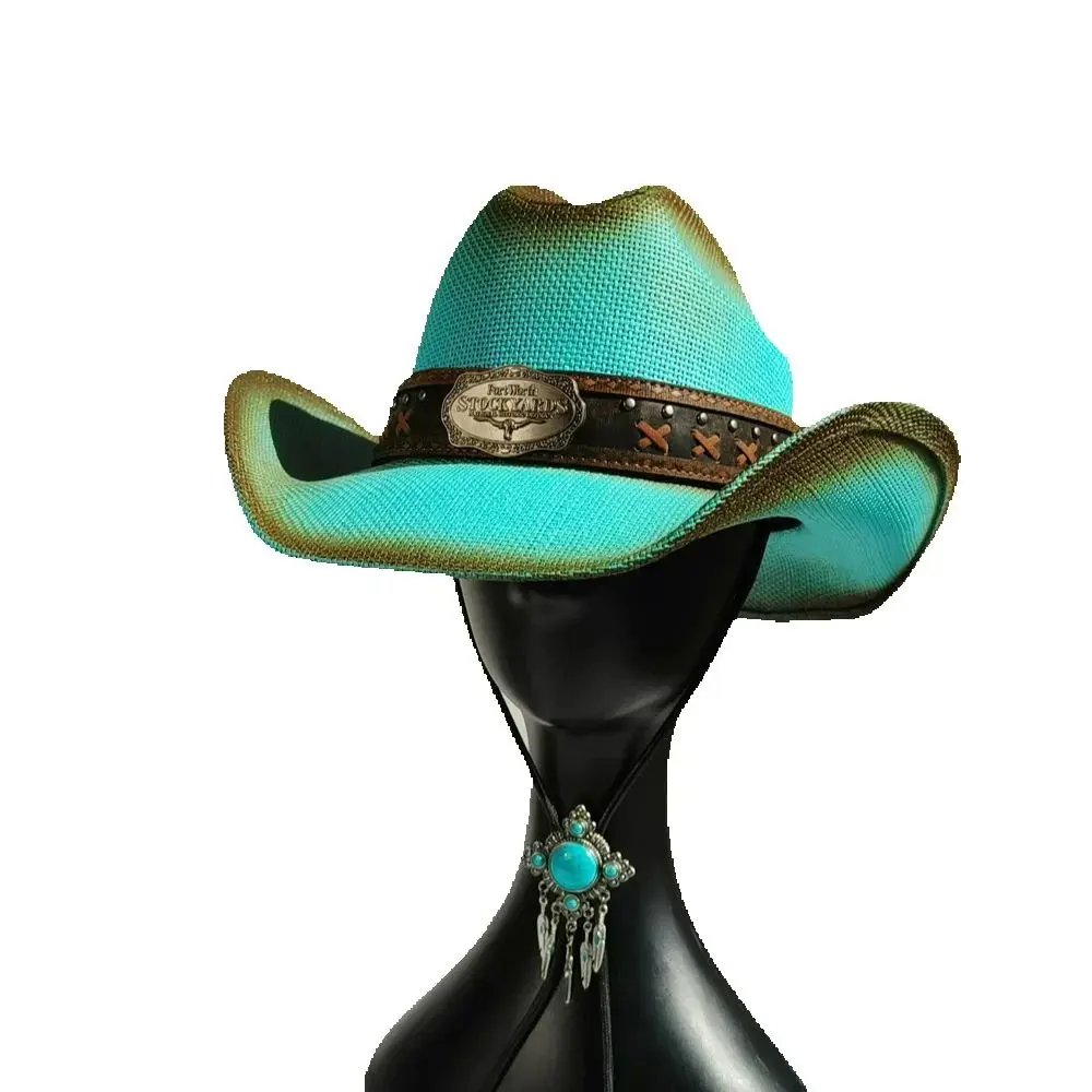 Western-Strohhut für Damen, Weidestrohhut mit türkisfarbenem Bolo-Krawattenband, Cowgirl-Strohhut, Sommer-Sonnenhut, Sombrero Vaquero