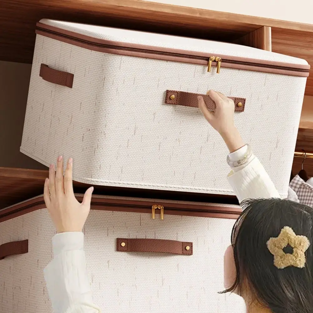 

Large Capacity Linen Zipper Storage Boxes with Lid Foldable Clothing Storage Basket Handheld Wardrobe Organiser Travel