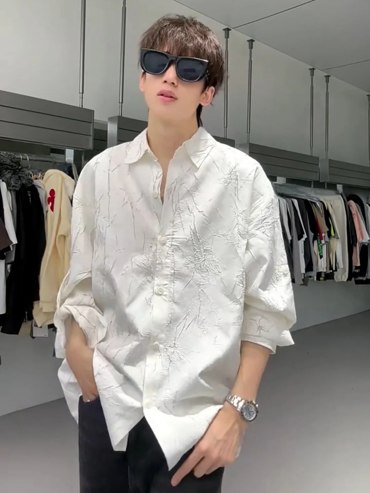 

Spring Summer Men's Casual Breathable Shirt Textured Crack Loose Fit Anti-Wrinkle Polyester Fiber Long Sleeve Flip Collar