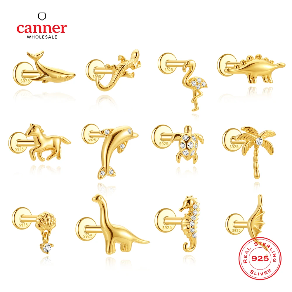 CANNER 1PC Horses/Turtles/Seahorses/Whales/Dinosaurs/Lizards Animal 925 Sterling Silver Threaded Flat Head Piercing Earring Gift