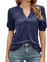 Camiseta sólida de manga corta con cuello en V para mujer, Tops para verano