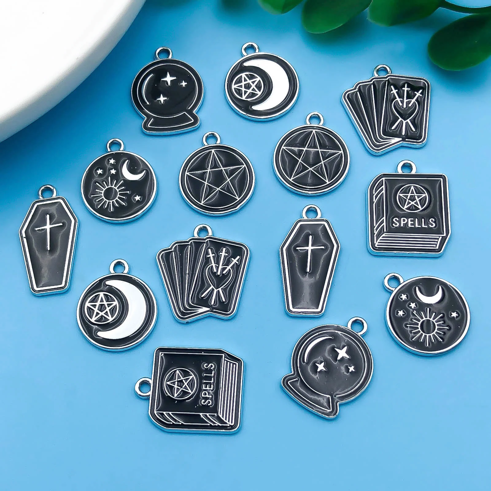 10/14pcs/pack Moon Star Cross Book Charms Enamel Alloy Black Magic Book Magic Ball Pendants For Jewelry Making Earring Bracelet