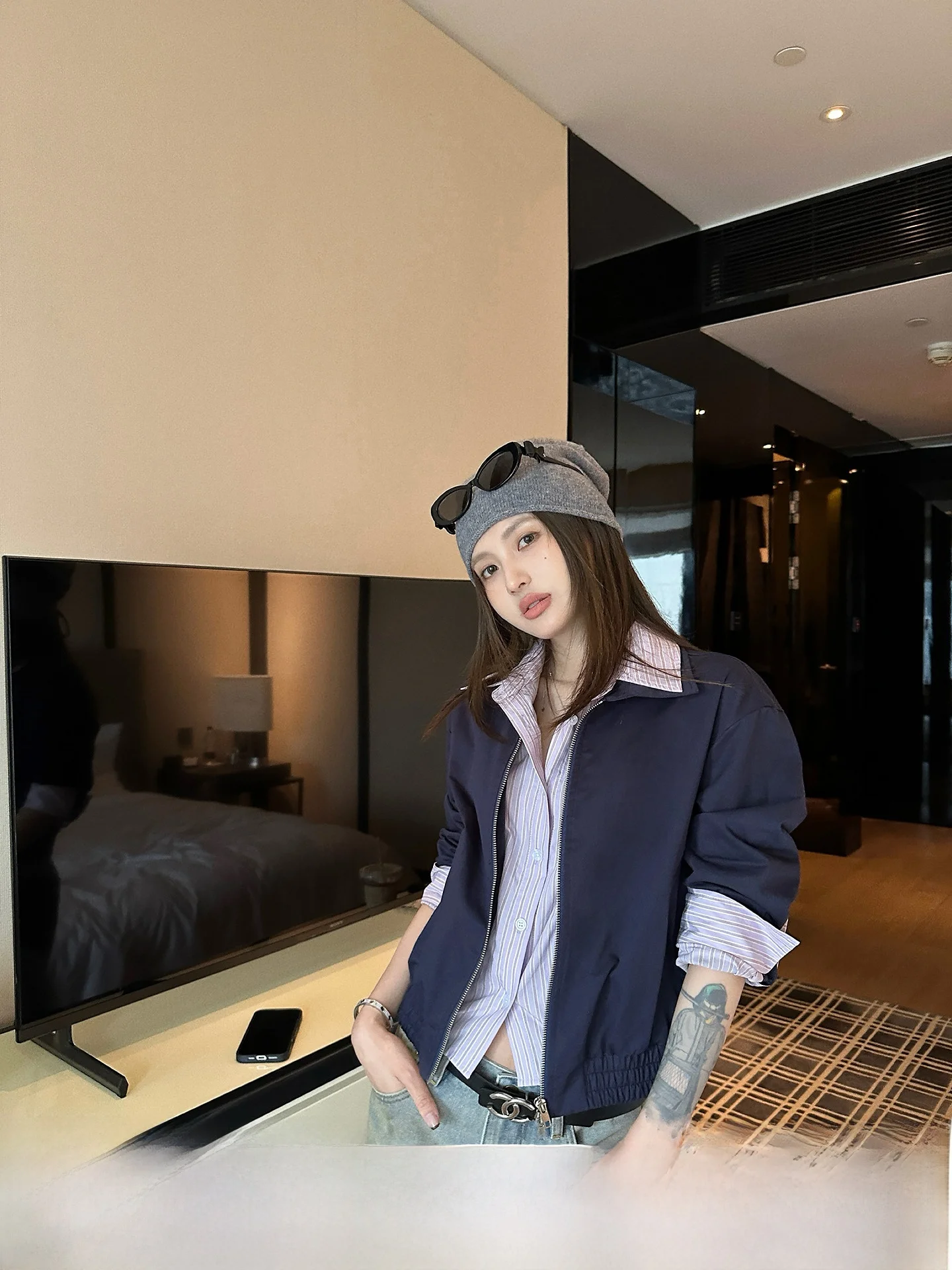 

NingSi Women's Loose Striped irt Jaet Collar Stand-Up Patchwork Slimming Early Autumn Korean Sle Top Coat