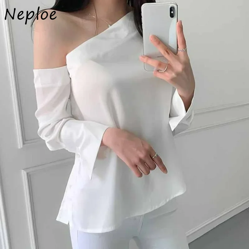 Neploe Irregular One-shoulder Design Sexy Blouses Shirts Women Slim Waist Solid Color Camisas Mujer Temperament Blusas Tops