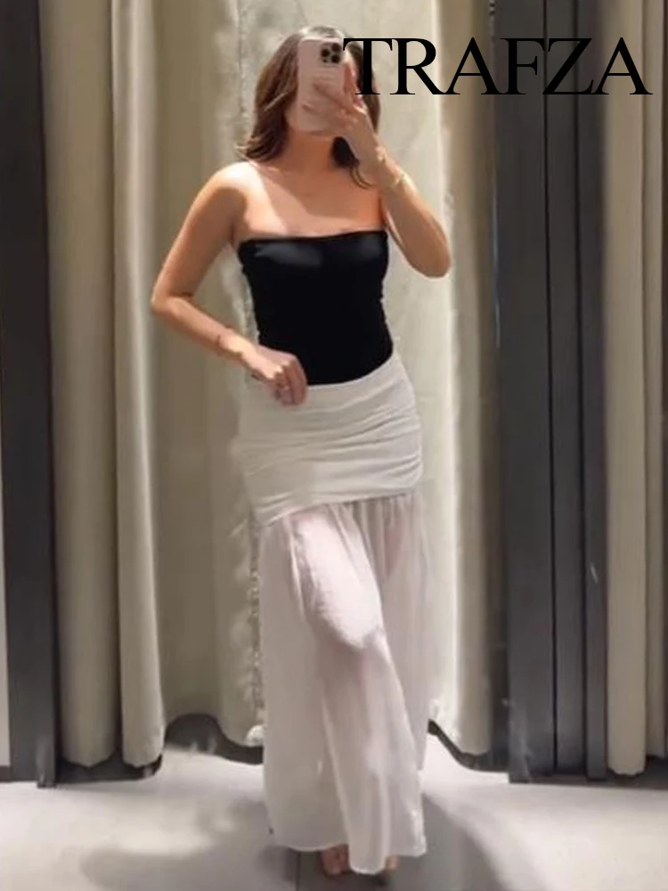 

TRAFZA Women Summer Solid Pleated Decorative Spliced ​​Midway Midi Skirt Female Elegant Simple Casual Zipper Slim Long Skirt