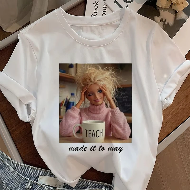 Teacher T Shirts Funny Last Day of School T Shirt Doll Face Meme Made It To May T-shirt Woman Summer Short Sleeve Basic Tees