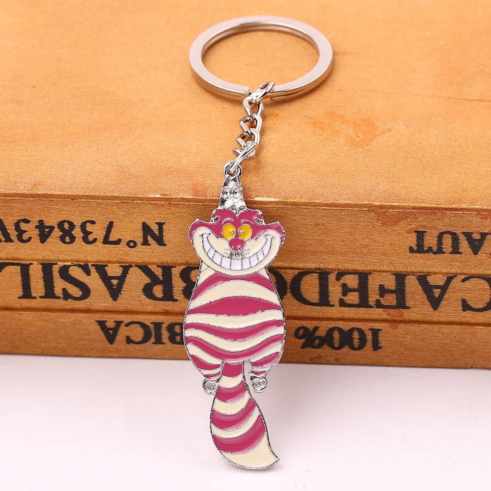 Anime Alice in Wonderland Keychain Cute The Cheshire Cat Enamel Pendant Keyring Cartoon for Men Women Jewelry Decoration Gift