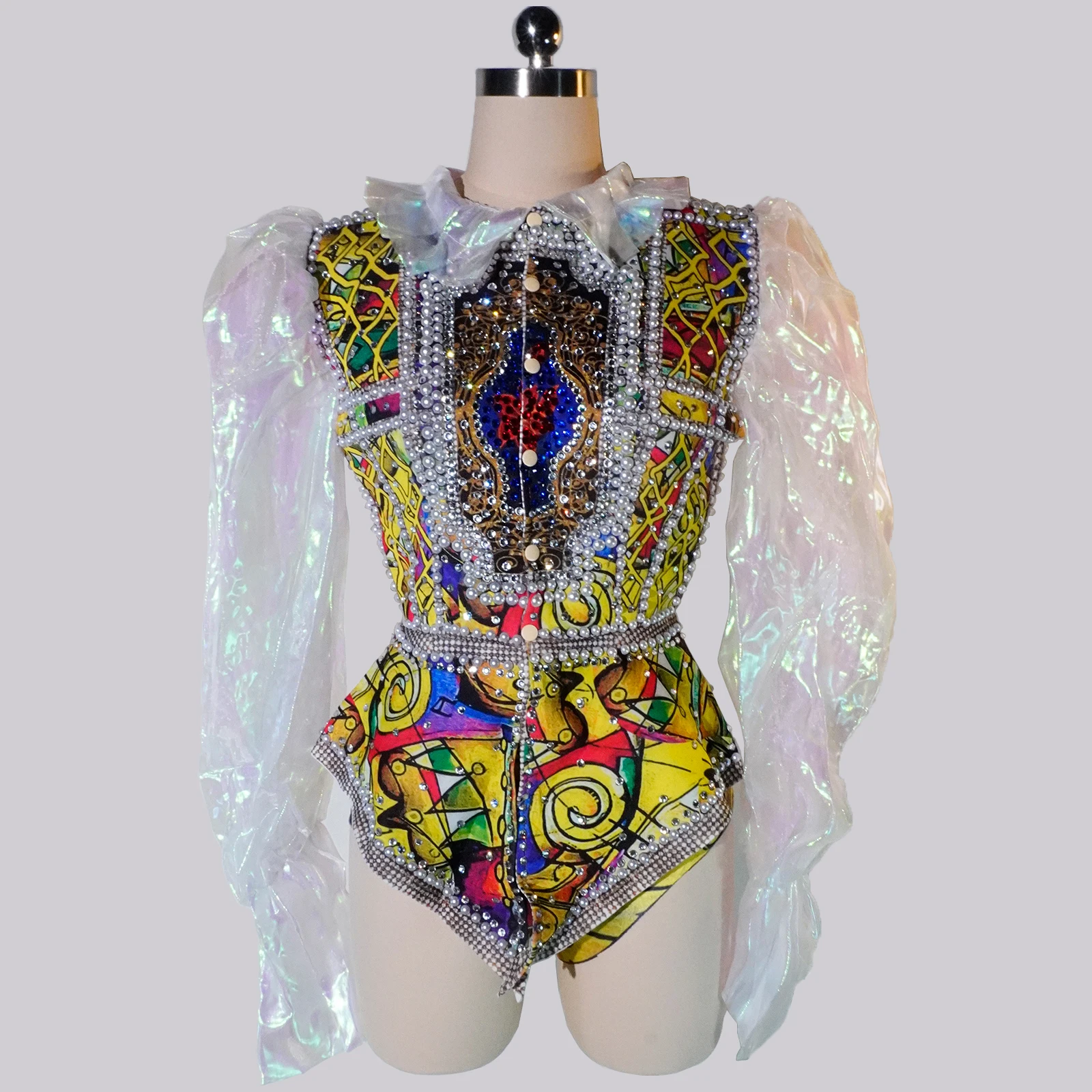 

Yellow Print Rhinestones Long Puff Sleeved Pearl Nightclub Drag Queen Costumes Festival Wear Performance Stage Gogo Show Clothes