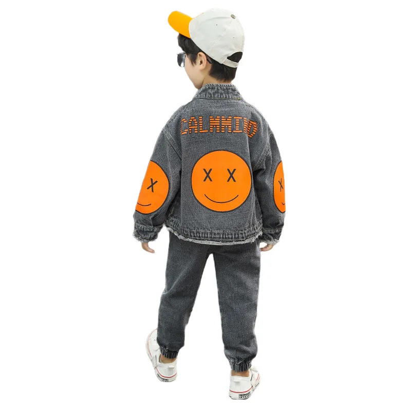 Children\'s Denim Suit 5-12 Years Old Boy Spring And Autumn Cartoon 2-Piece Set Of Smiley Pattern Jacket + Trousers