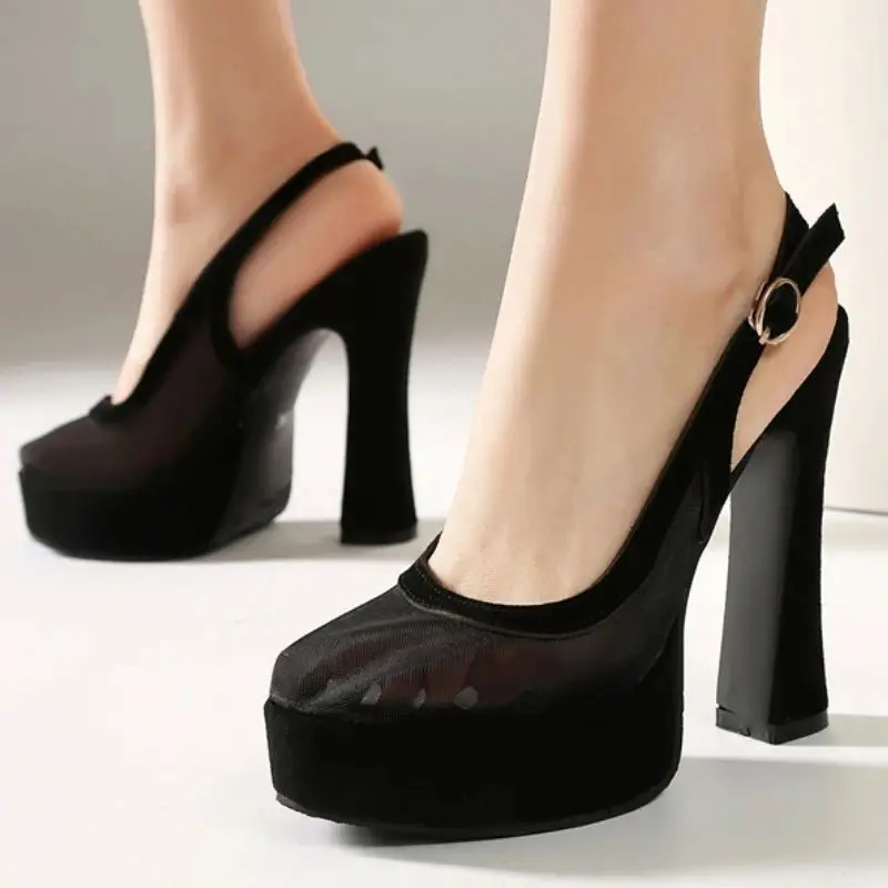 

Sexy Platform High Heels Pumps Shoes Woman Slingback Large Size Black Mesh Breathable Women's Heels Party Shoes