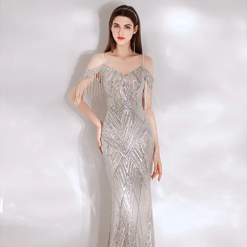 

Серебряное вечернее платье для женщин, бальное, элегантное, класса люкс, на бретельках, фасон «русалка», стройнящее, для ведущих, весеннее, для торжественных мероприятий, корейский стиль, длинное