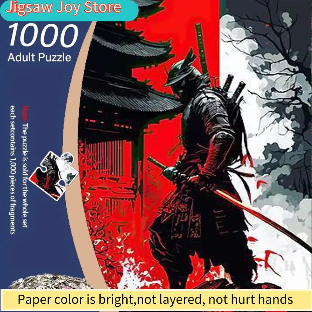 

1000pcs adult jigsaw puzzle - Black Warrior with sword standing on red and black background with building tree silhouettes. Su