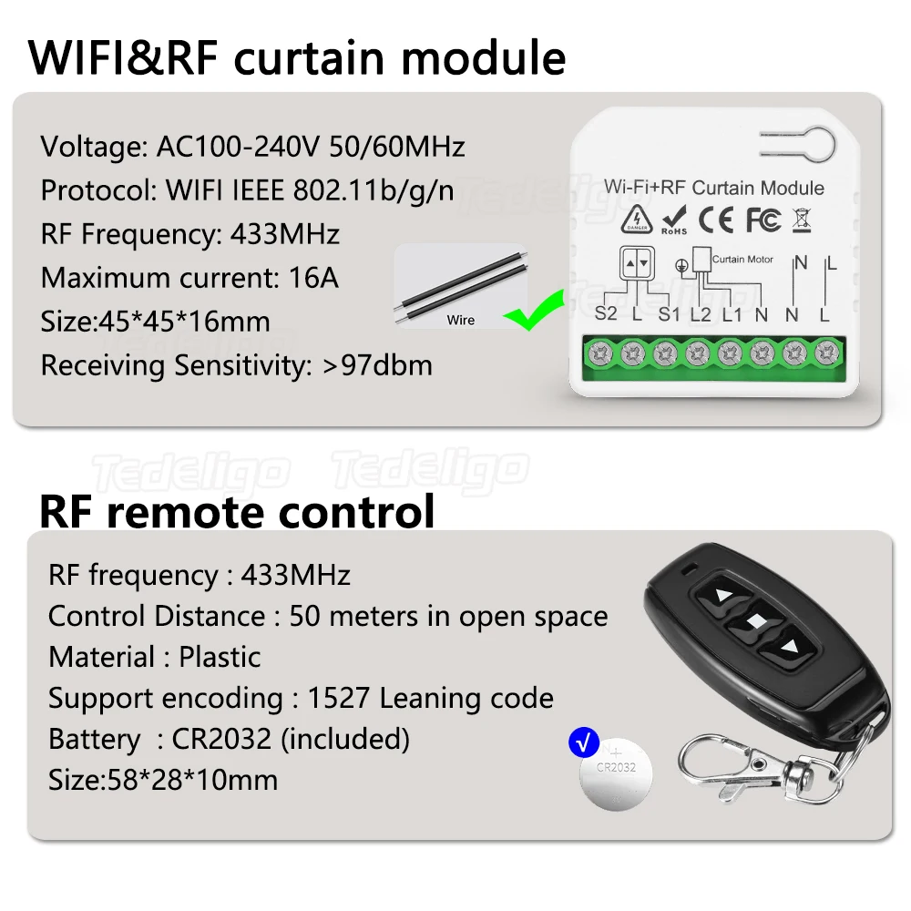 투야 와이파이 커튼 제어 모듈 셔터 스위치, RF 리모컨 포함, 전기 롤러 블라인드용, 자외선 차단, 구글 홈, 알렉사, 스마트 라이프