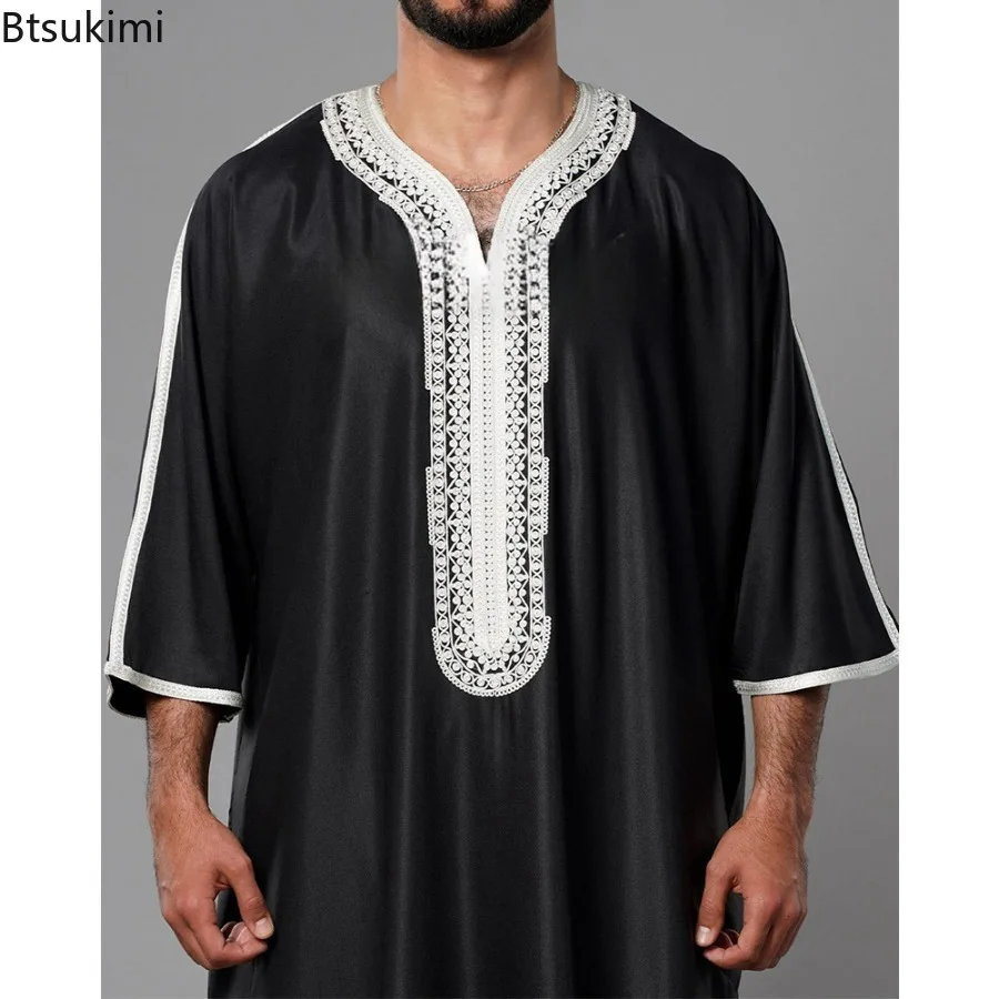 New 2024 Men's Summer Caftan Muslim Dress Robe Short Sleeves Embroidered Arabic Ethnic Style Men's Islamic Clothes Thobe for Men