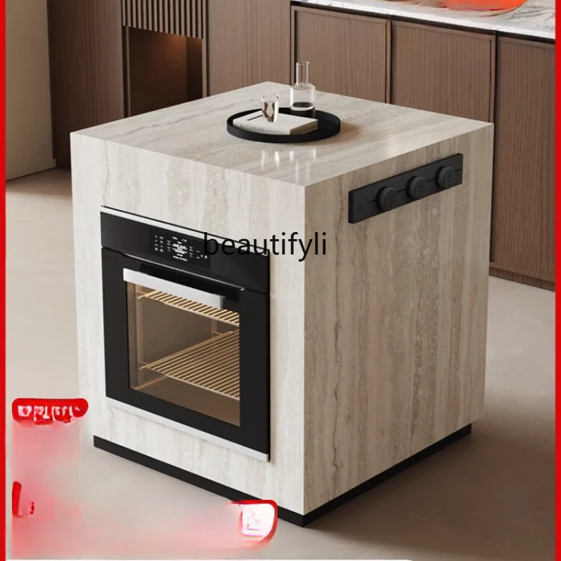 Island cabinet can be moved separately, medieval style kitchen travertine rock slab guide table, falling cabinet