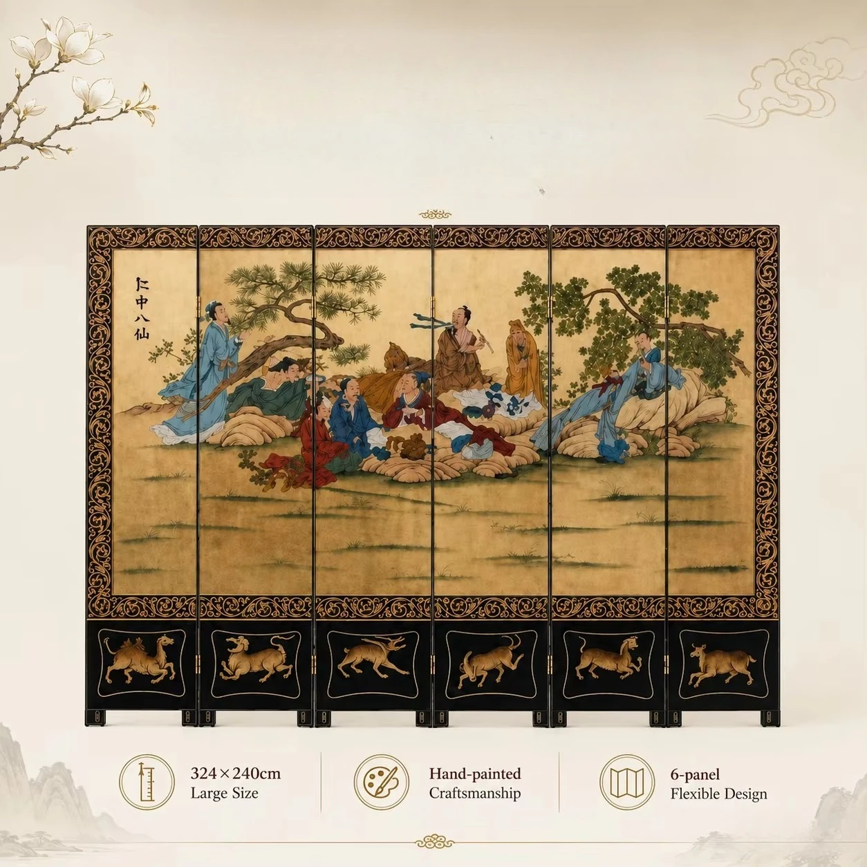 ua-Luxury Handcrafted Wood Folding Screen Room Divider Solid Wood Oriental Traditional Style for Hotel Decor Antique Partition W