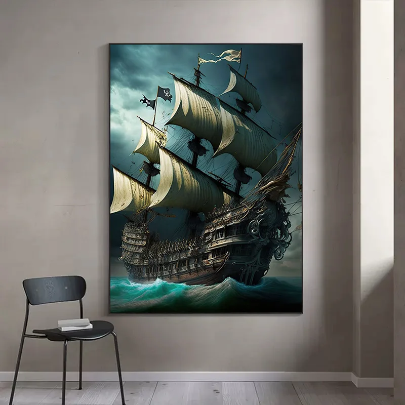 Abstract Pirate Ship Sea Moon Night Poster Print Canvas Painting Wall Art Picture For Living Room home Decoration Cuadros