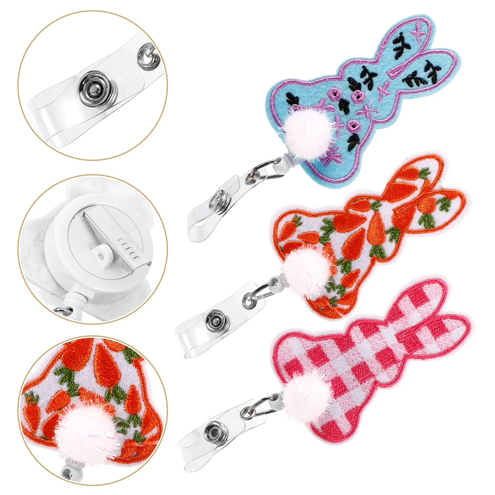 3Pcs Carrot Bunny Badge Reels Retractable Badge Holder Portable Id Card Clip Sturdy Felt Metal for Industry Workers Name Card