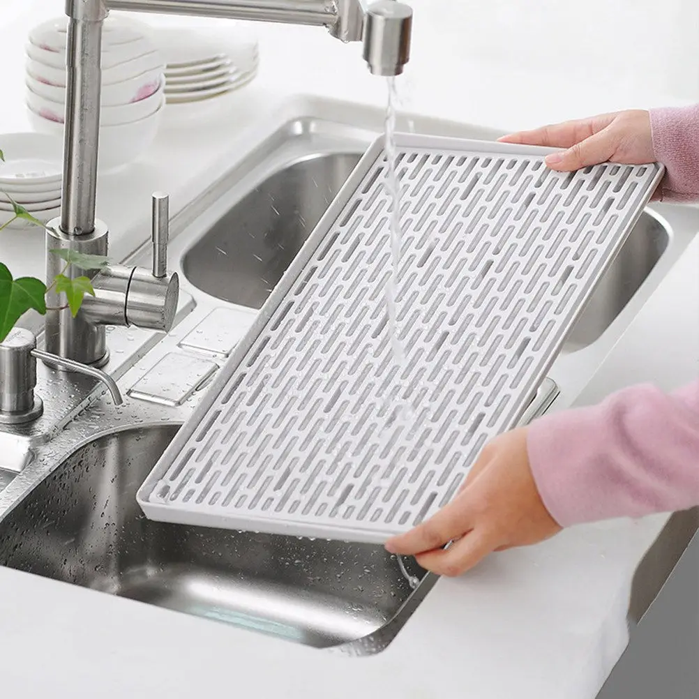 Double-Layer Plastic Draining Board for Kitchen Sink Dish Drying Mat with Soft Protection Grid and Multiple Drain Holes
