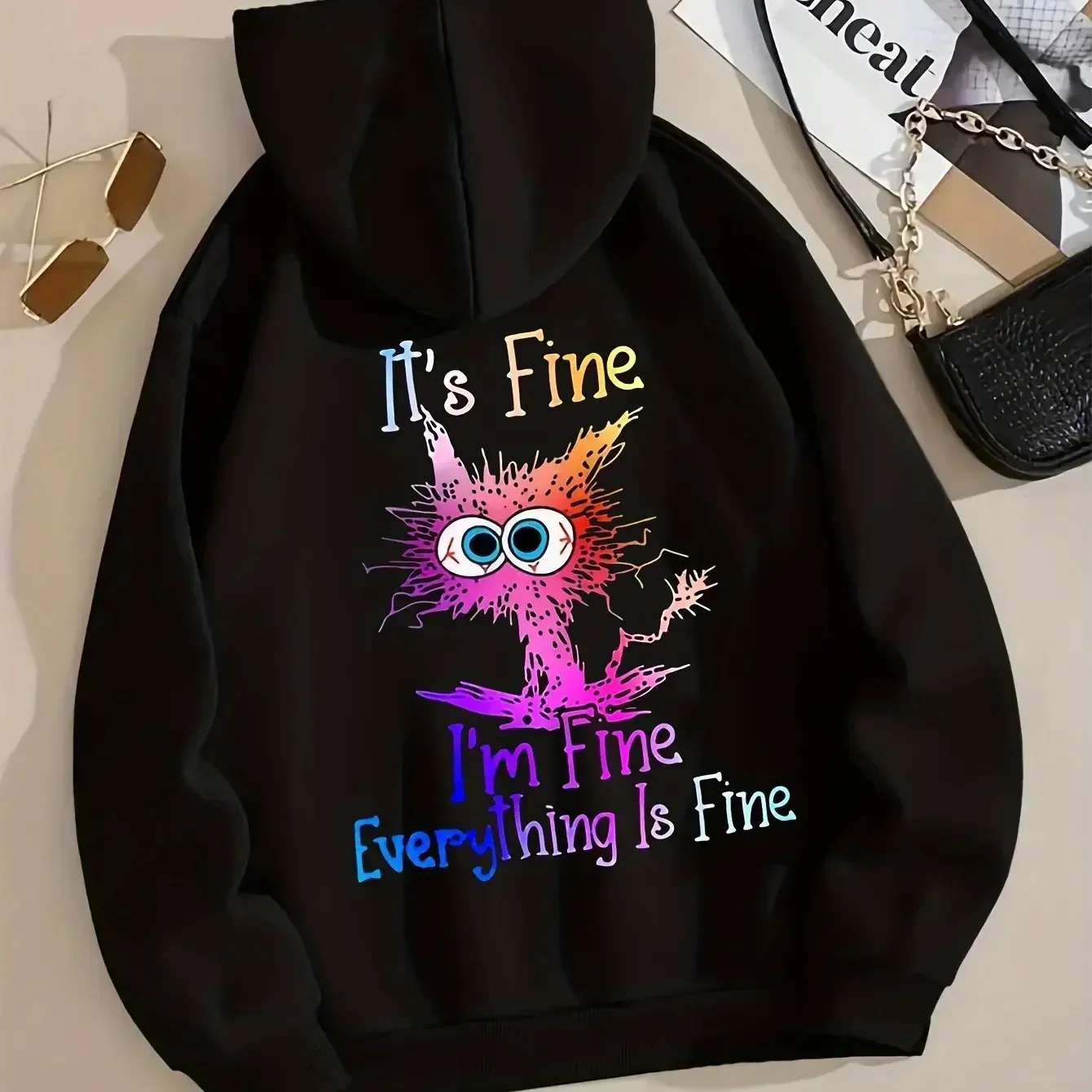 

I'm Fine Everthing Is Fine Letter Colorful Cat Printed Women's Hoodie Fashion Hoodie Creative Street Loose Sports Hoodie