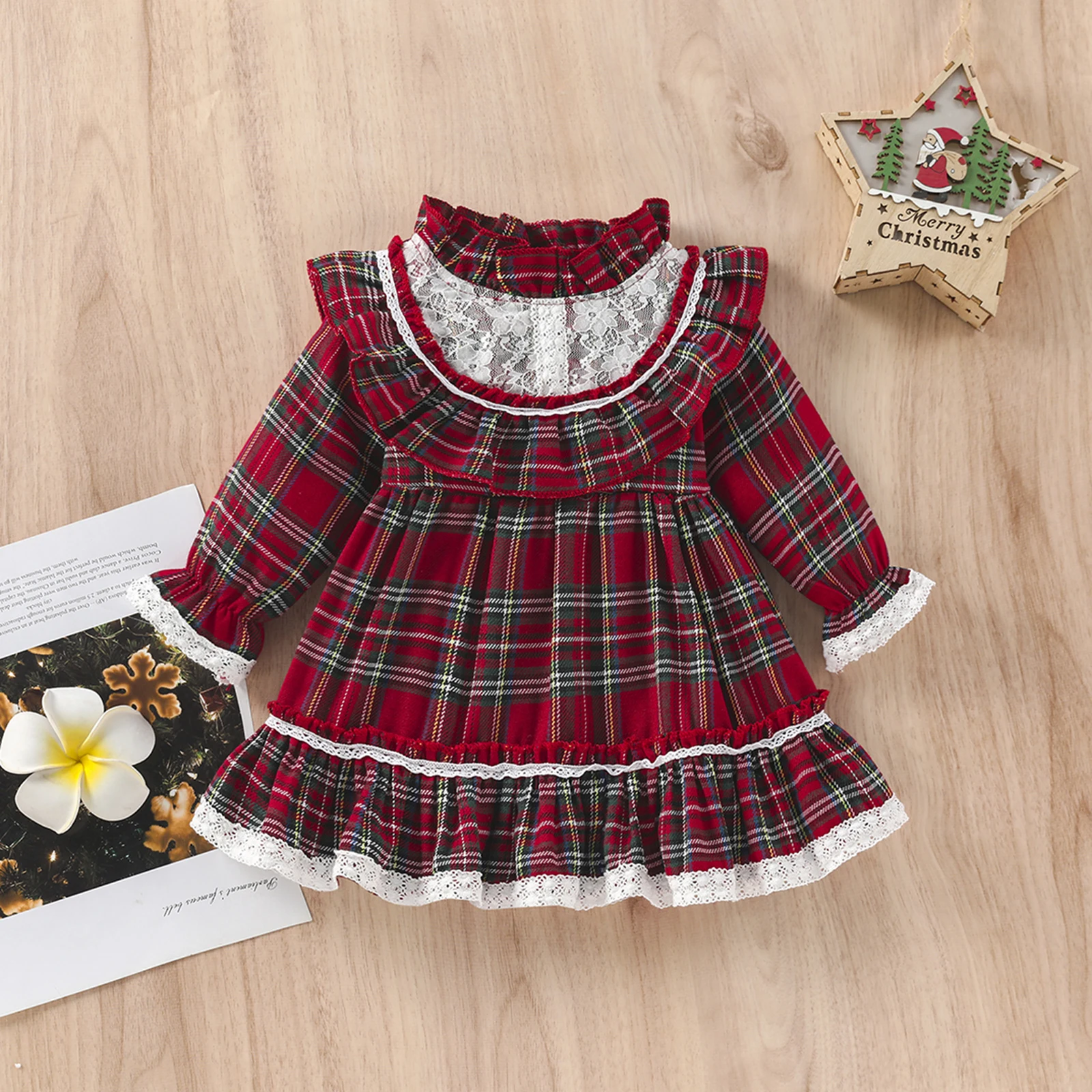 Christmas Red Dress For Girls Plaid Bow Trim Ruffle Plaid Party Princess Costumes Children New Year Xmas Costumes
