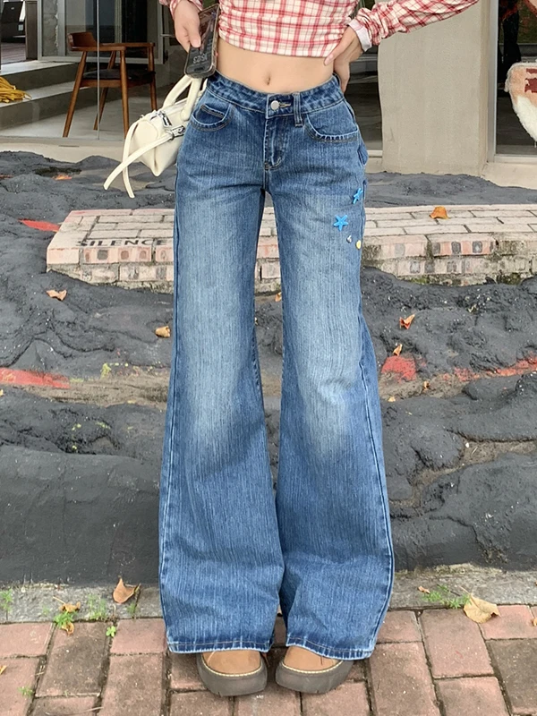

Retro American Low Waist Bell Bottom Denim Jeans Women's Spring New Handmade Bamboo Pattern Slimming Elastic Ladies Jeans