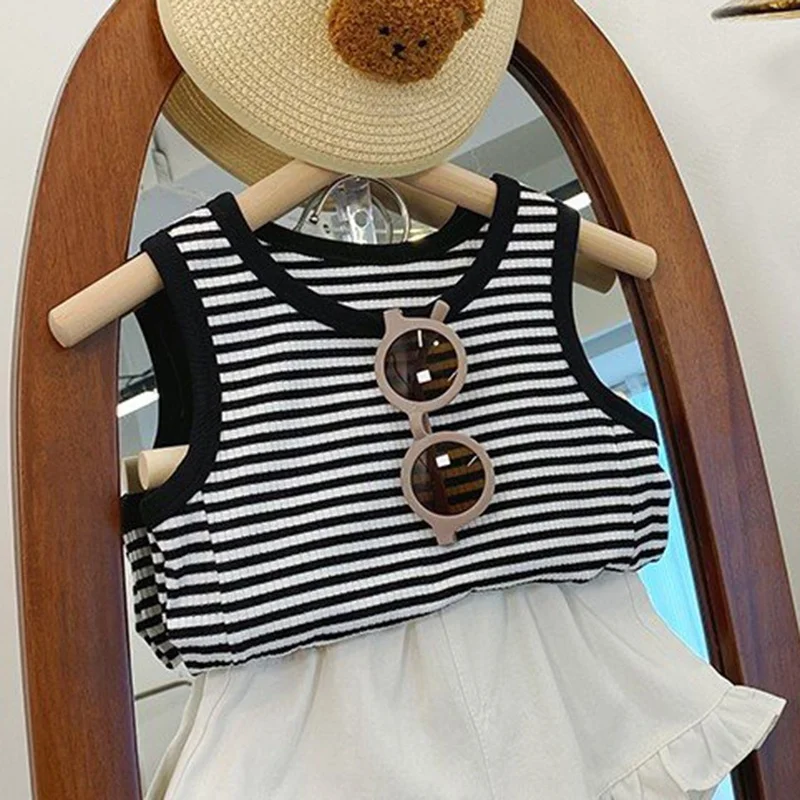 Children Striped Cotton Sleeveless T-shirts for Girls 3-9Y Soft Casual Tee Outing Round Neck Vest Tops Kids Clothing