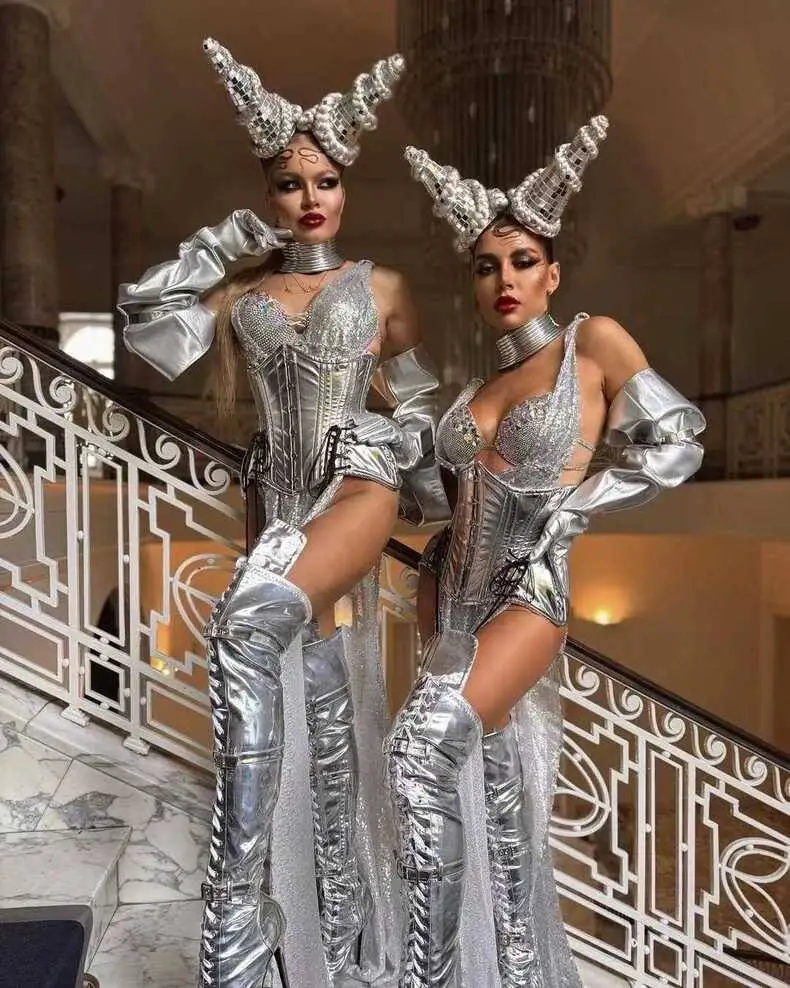 New Designer Sliver Performance Dress Women Sexy Sequins Sets Nightclub Party Celebrate Dance Singer Costume Stage Wear