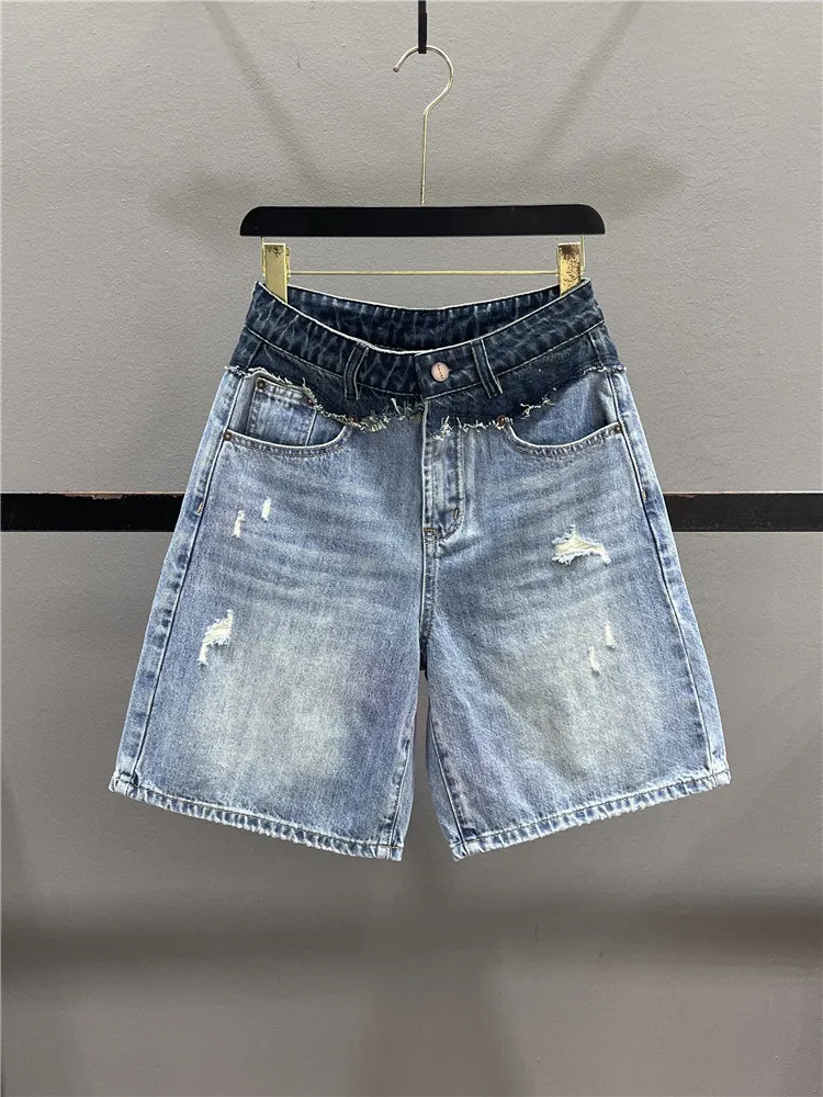

Retro Color Block Hole Denim Wide Leg Pants Women's Summer Design Loose Straight Cut Jeans Mid-Length Casual Fashion