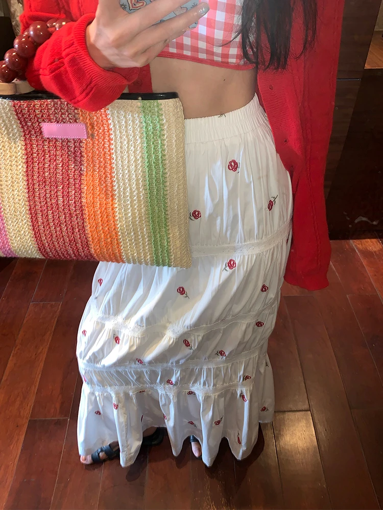 Falda  Estilo Fresco de Primavera, Falda Blanca con Bordado Floral para Mujer, Falda Midi de Cintura Alta con Pliegues de...