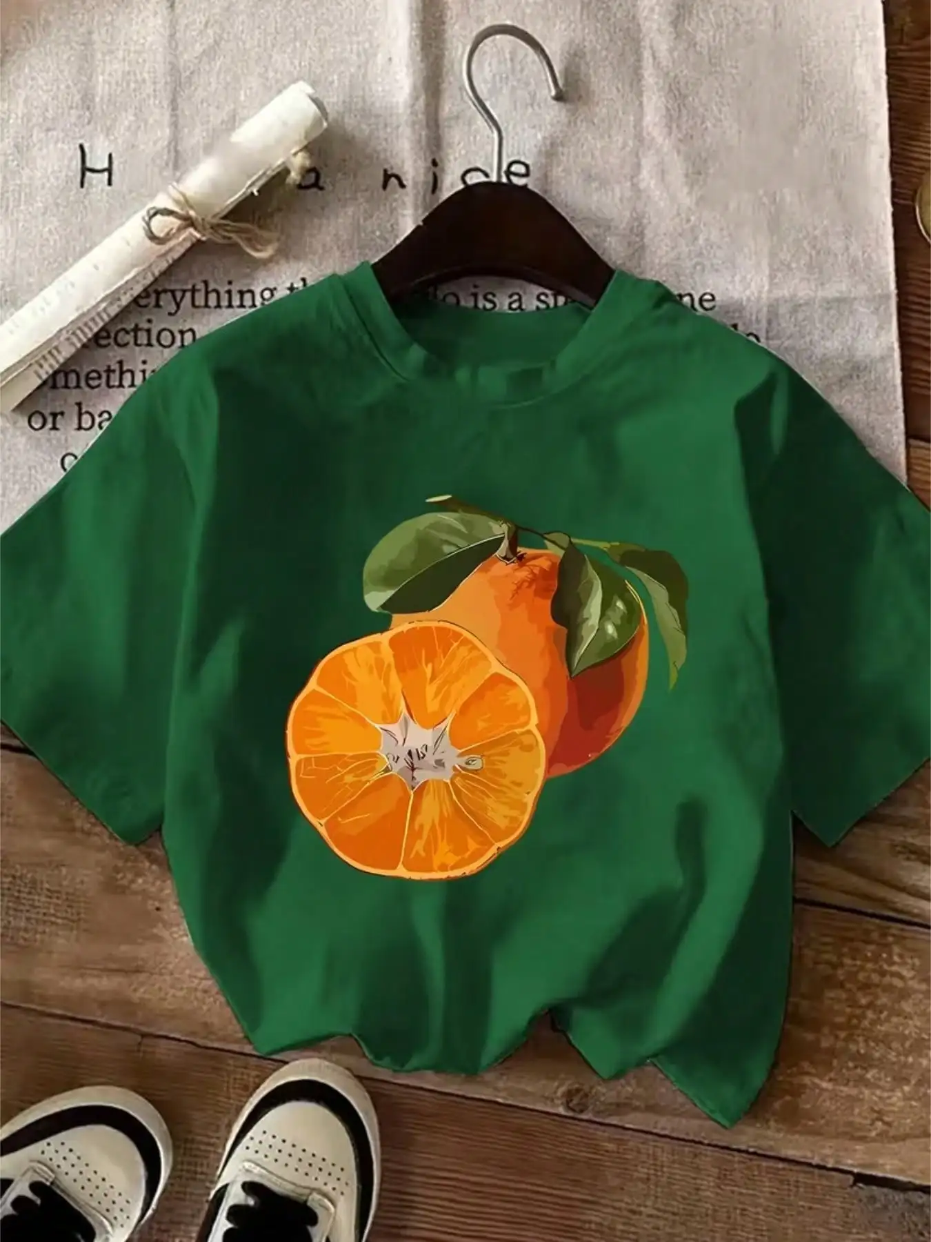 100% Cotton Women Green T-Shirt, Vintage Orange Fruit Graphic Short Sleeve Tee, Casual Loose Fit Summer Basic Tops