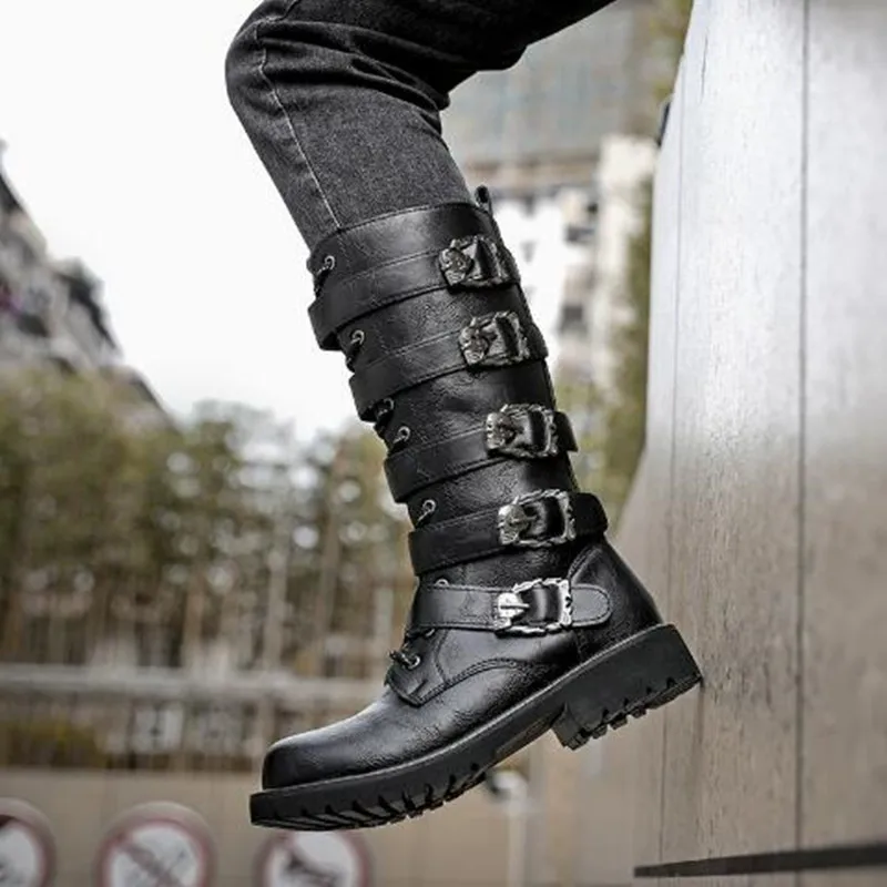 

Large Size Men's Leather Motorcycle Boots Mid-calf Combat Boots Gothic Belt Punk Boots Men New High Top Shoes Tactical Boot 2026