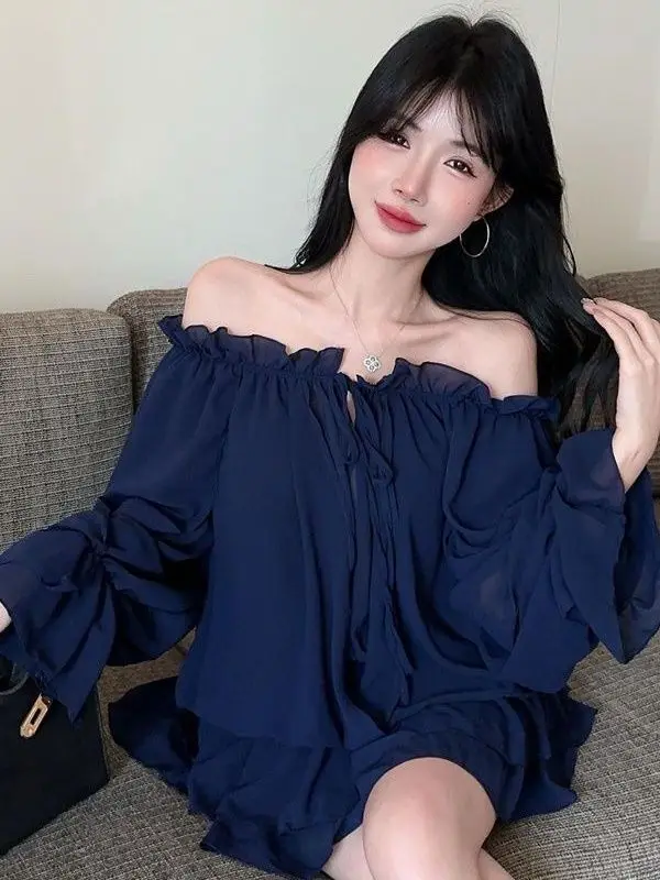 Trendy Drawstring Chiffon Top Women's Sexy Shoulder Baring Mesh Upperwear Loose Fit Long Sleeve Slimming Effect Casual Shirt