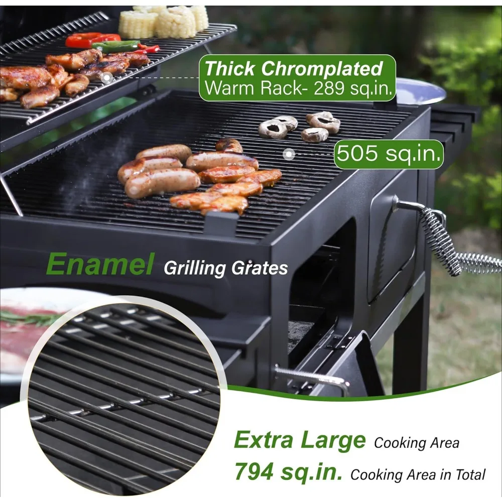 Charcoal BBQ Grill with With 2 Individual Lifting Charcoal Trays and 2 Foldable Side Tables, Outdoor Cooking Grill