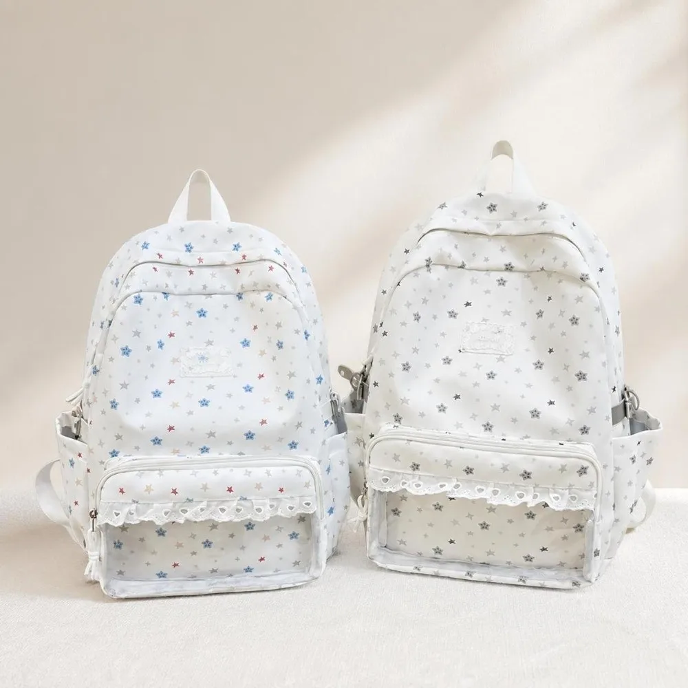 New Large Capacity School Backpack Lace Trim Transparent Student Rucksack Cute Star Print Aesthetic Backpack School Campus