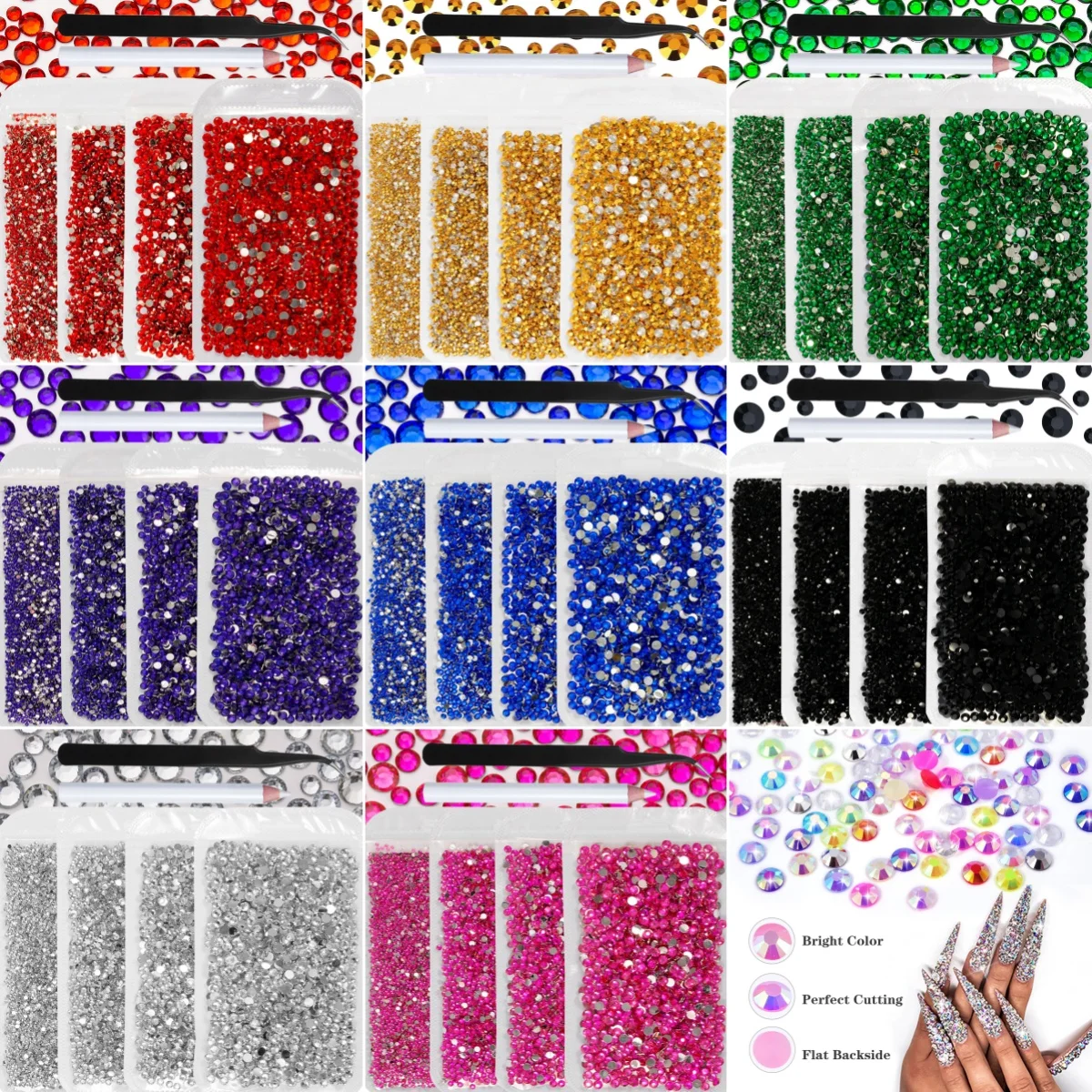 ชุด Rhinestones อันสดใส 4 ถุงขนาด 2 มม., 3 มม., 4 มม., 5 มม., รวม 10,000 ชิ้นพร้อมตัวเลือกและแหนบไม่ใช่การแก้ไขด่วน