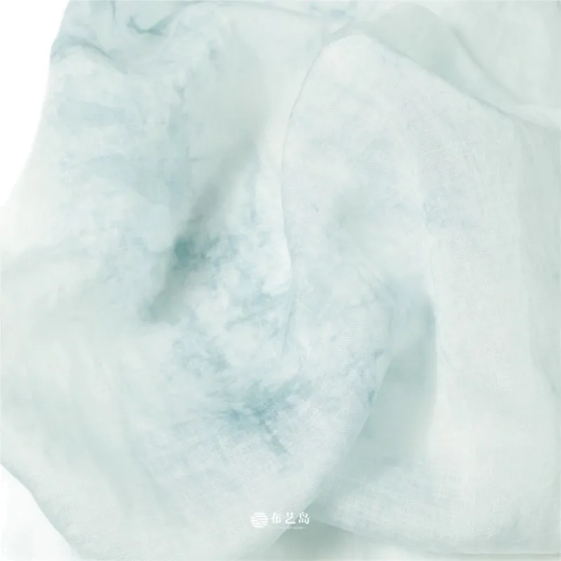 Blue white light tie-dyed silk linen cotton fabric gauze skirt Hanfu
