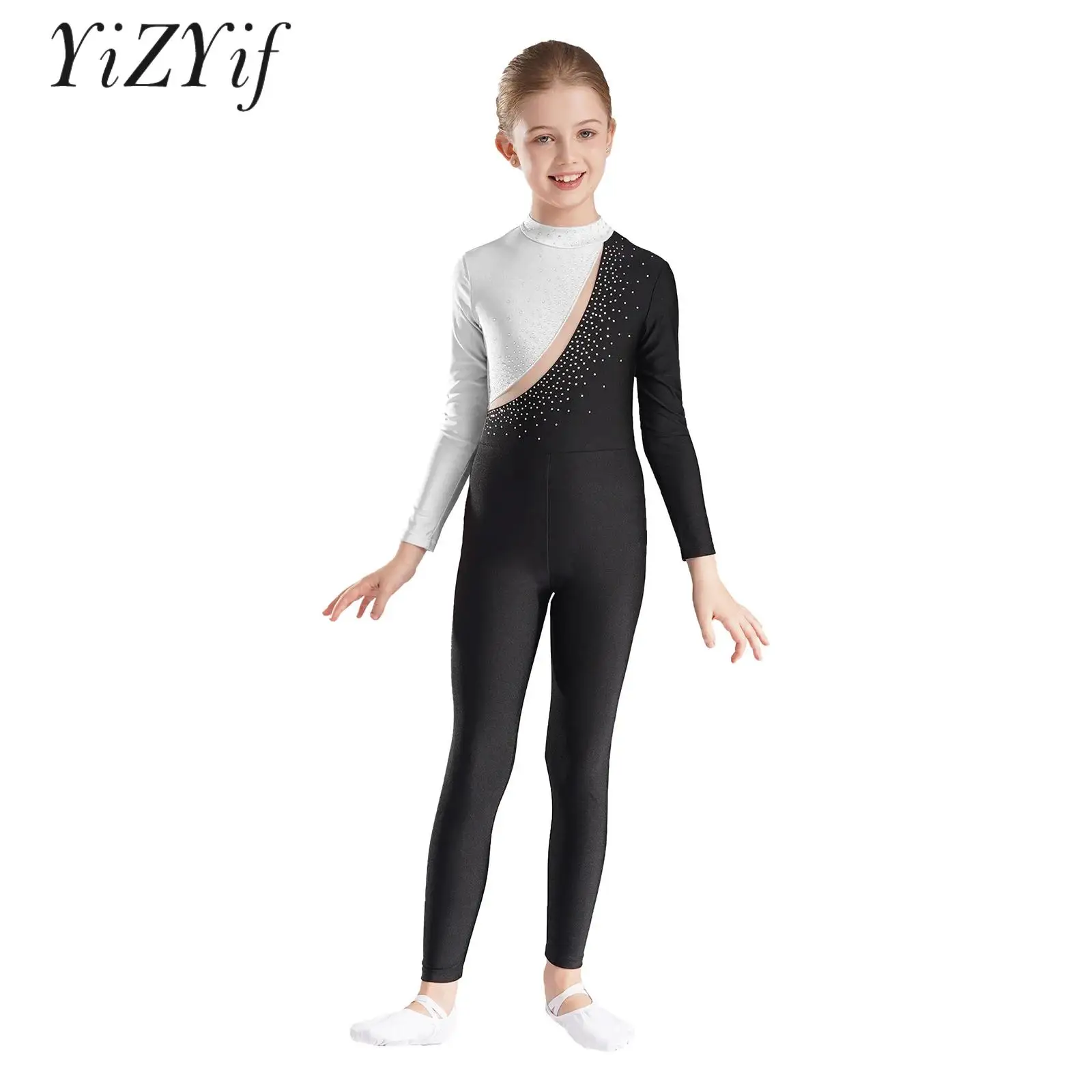 

Kids Girl Gymnastics Athletic Leotard Ballet Tights Jumpsuit Dancewear Sparkly Rhinestone Color Block Dance Competition Bodysuit
