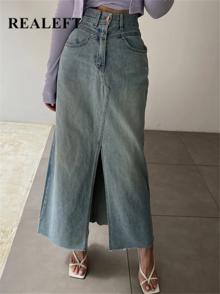 

REALEFT High Waist Women's Long Denim Skirts 2023 New Spring Summer Casual Front Split Straight Jeans Wrap Skirts Female