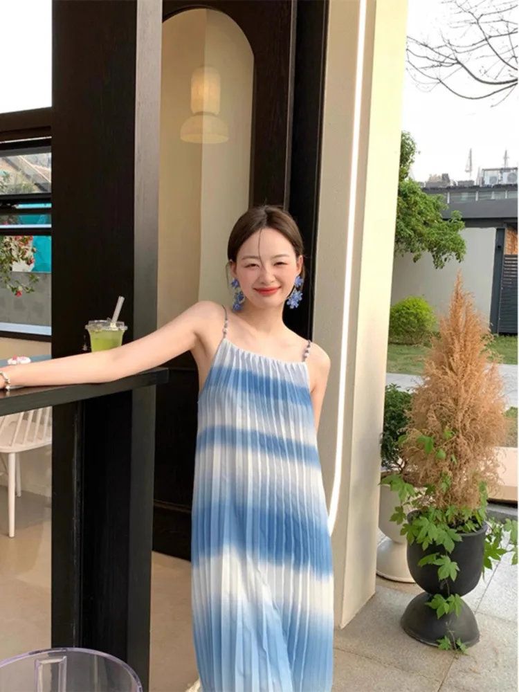 Korobov French Robe Blue Gradient Slip Dresses 2024 Summer Beach Sleeveless Halter Dress Women\'s Clothing Vestidos De Fiesta