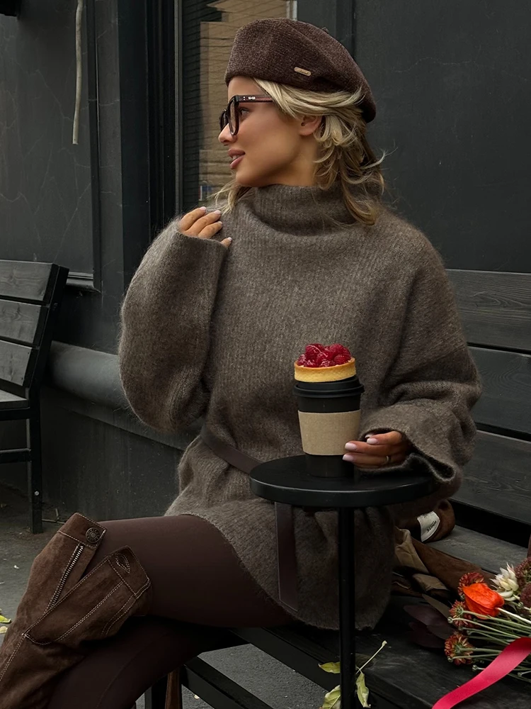 

Casual Solid High Neck Pullover Women Fashion Long Sleeved Warm Loose Sweater Lady Autumn Winter Daily Commute Street Knitwear